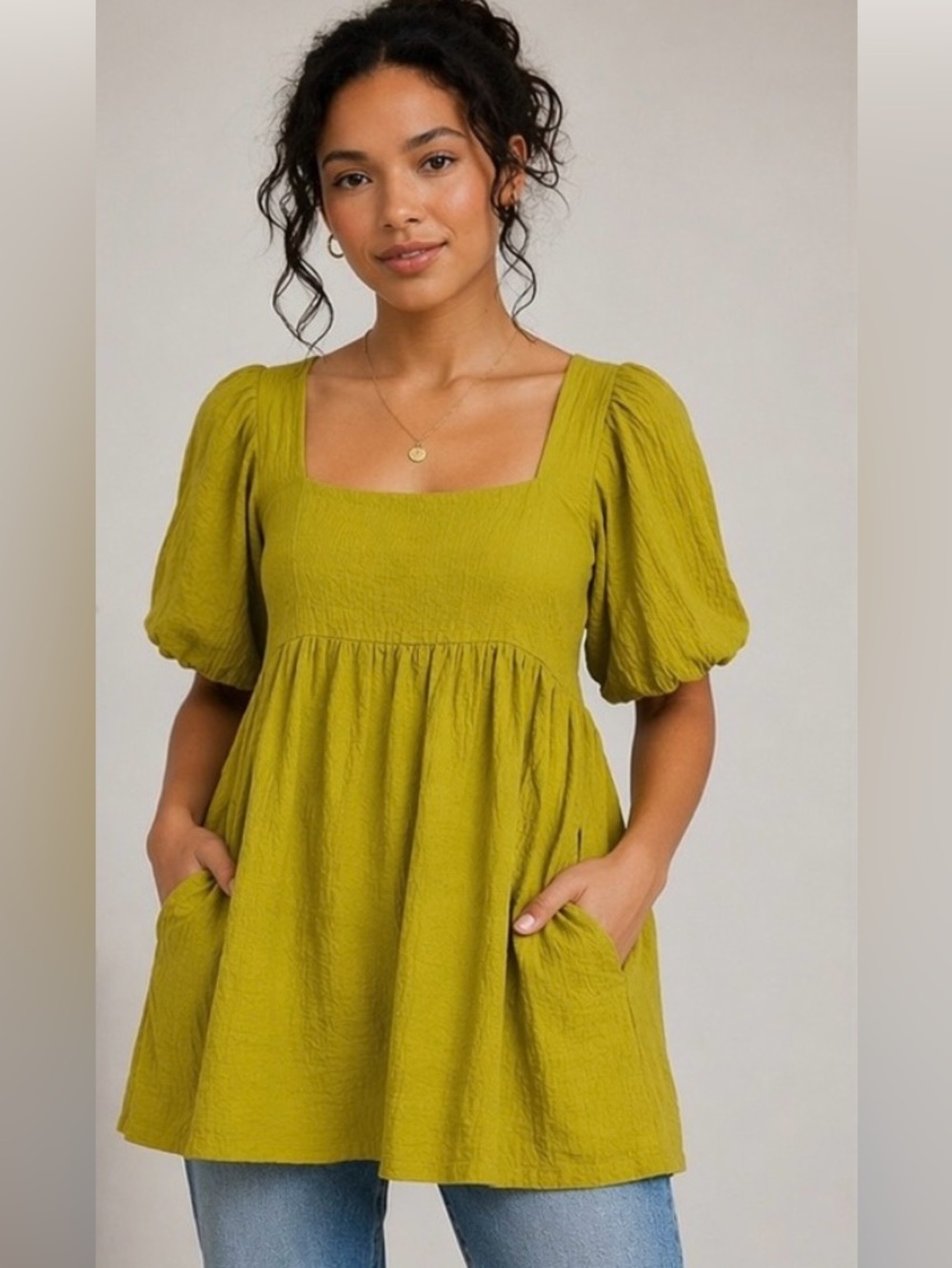 Free People Gigi Blouson Puff Sleeve Tunic Dress Medium Chartreuse Boho Pockets